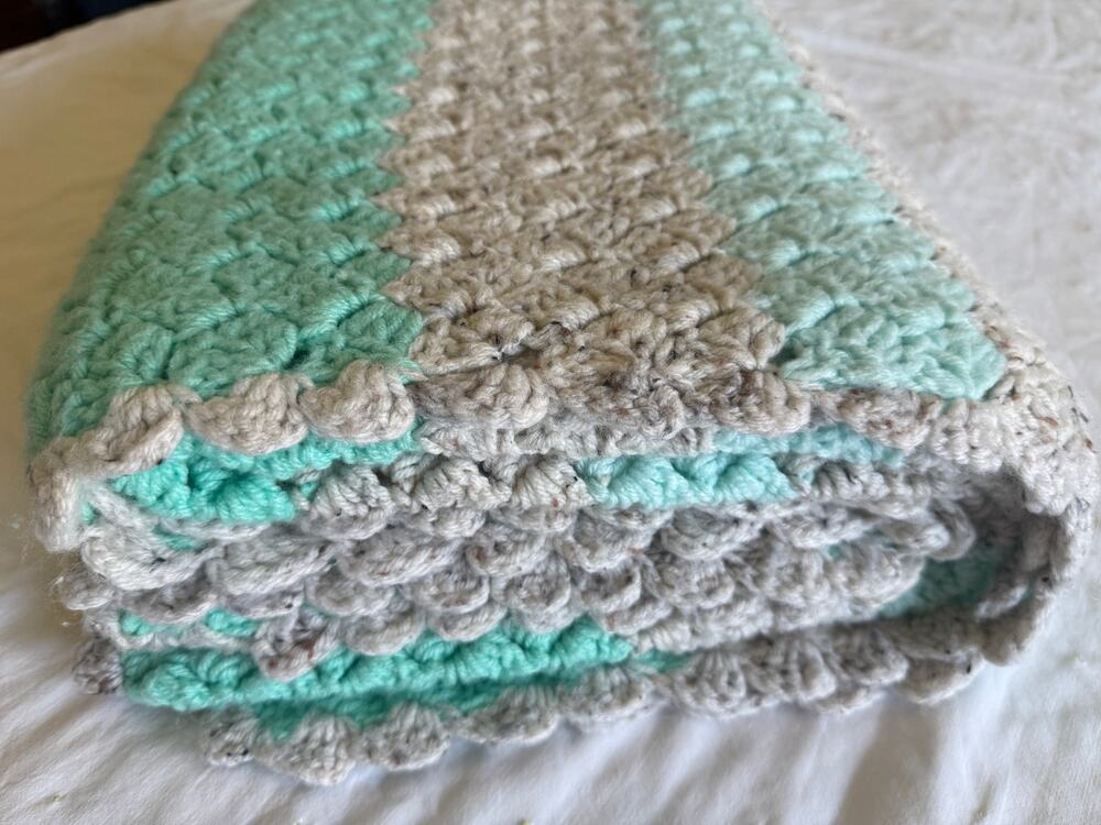 Handmade Gorgeous Crocheted Afghan Throw, Teal & Gray Soft Blanket, Throw Size